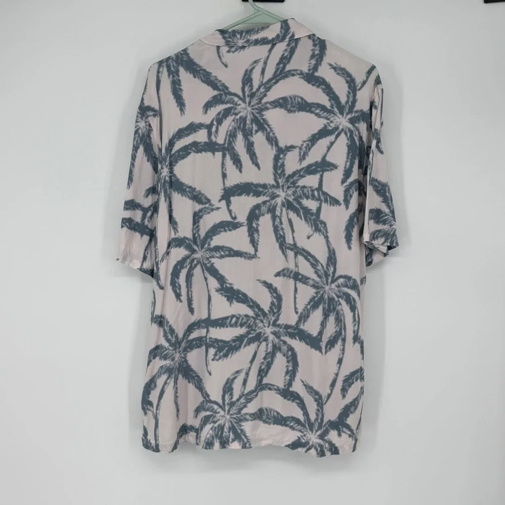 True Religion Mens Palm Tree Print Camp Collar Short Sleeve Shirt White Blue
